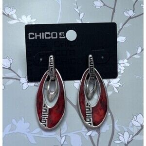 Chico's Red and Silver Tone Dangle Drop Post Earrings Hypo Allergenic Boho Chic